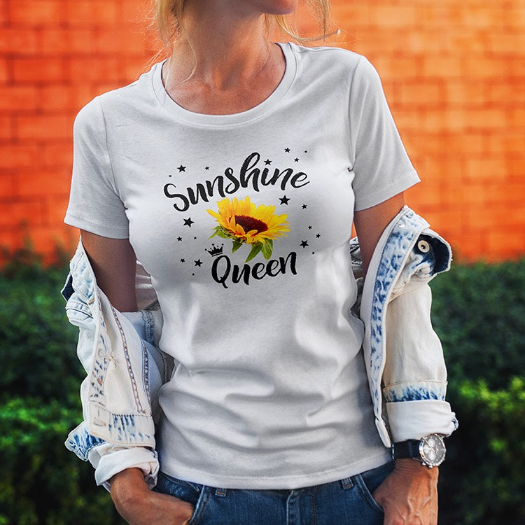 Good looking woman wearing white t-shirt with HappyFamilyGifts.com's design of Sunshine Queen