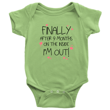 Load image into Gallery viewer, Finally ... I&#39;m Out! Baby Bodysuit Black Text
