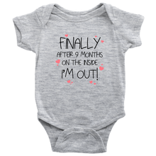 Load image into Gallery viewer, Finally ... I&#39;m Out! Baby Bodysuit Black Text
