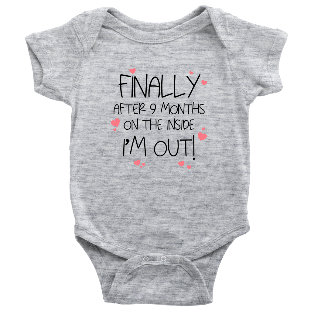 Finally ... I'm Out! Baby Bodysuit Black Text